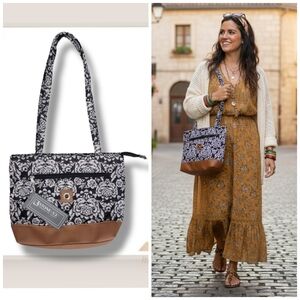 🌿Stone Mountain NY Elegant Quilted Black and Brown Floral Tote Bag